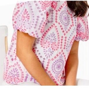 Lilly Pulitzer Pink & Lavender Geometric Short Sleeve Blouse Pratt SZ Med eyelet